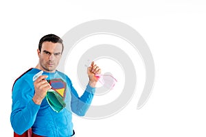 confident superhero holding plastic spray bottles with cleaning liquid and looking at camera