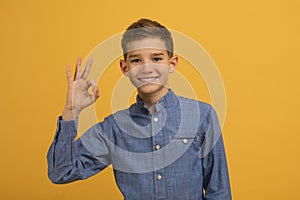 Confident teen boy in blue shirt making ok gesture with his fingers