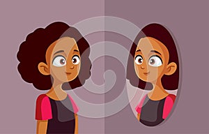 Confident Teen Girl Looking in the Mirror Vector Cartoon Illustration