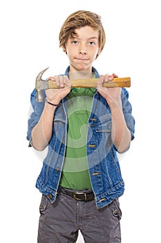 confident teenage boy holding a hammer in front, isolated on white