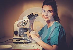 Confident vet examining the test under the microscope in veterinary clinic.