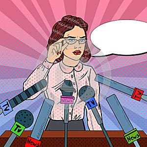 Confident Woman Answering Questions on Press Conference. Mass Media Interview. Pop Art illustration