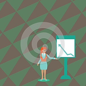 Confident Woman in Business Suit Holding Stick and Pointing to Chart of Arrow Going Up on Freestanding Whiteboard