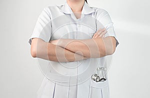 Confident woman doctor posing with arms crossed and stand over white background