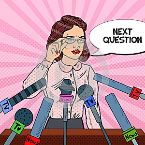 Confident Woman Giving Press Conference. Mass Media Interview. Pop Art illustration