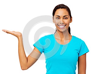 Confident Woman Holding Invisible Product