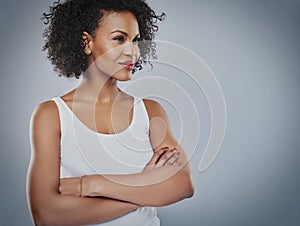 Confident woman looking toward copy space