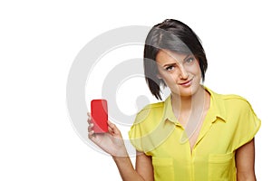 Confident woman showing blank credit card