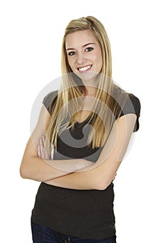 Confident Young Blonde Woman on White Background