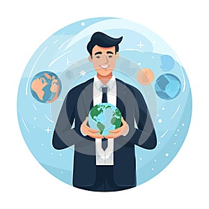 Confident young businessman holding the whole world in his hands. Earth globe