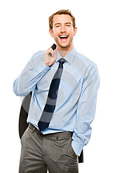 Confident young bussinessman holding suit jacket smiling white b