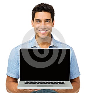 Confident Young Man Advertising Laptop