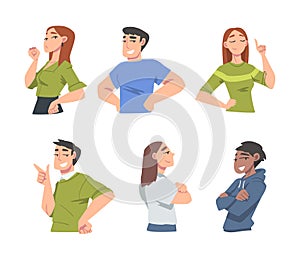 Confident Young Man and Woman Standing with Hands on Hips and Folded Arms Expressing Self Pride Vector Set