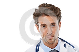 Confident young medical professional. Studio head and shoulders portrait of a handsome young doctor isolated on white.