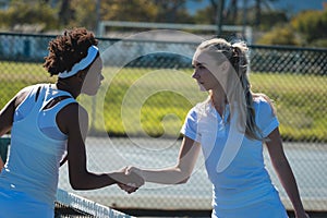 Confident young multiracial female tennis competitors doing handshake at court on sunny day