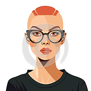 Confident young woman cartoon character, stylish eyeglasses, buzz cut, stern expression. Woman photo