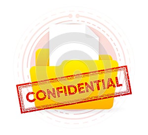 Confidential grunge stamp on folder with files. Red badge in shabby style. Vector illustration.