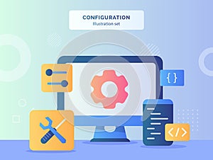 Configuration illustration set gear on display monitor computer nearby screwdriver wrench setting coding language