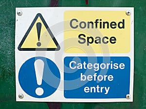 Confined space categorise before entry sign board on box