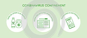 Confinement coronavirus - banniere covid19 - activite a la maison - francais - vert vecteur illustration photo