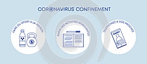 Confinement coronavirus - banniere covid19 - activite a la maison - francais - bleu vecteur illustration