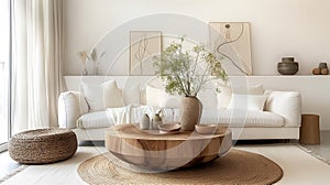 Within the confines of a modern Scandinavian-inspired living room, a round wood coffee table, AI generated