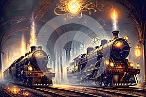 The Confirmation Station and Fantastic Locomotives Emitting Fire and Light. AI generated