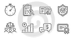 Confirmed, Engineering documentation and Payment received icons set. Certificate, Timer and Graph chart signs. Vector