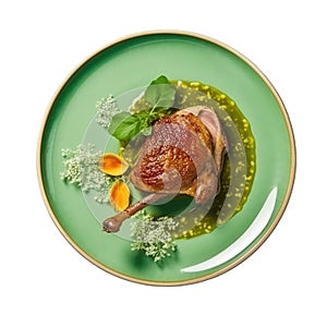 Confit De Canard On A Limegreen Round Plate, French Dish. Generative AI