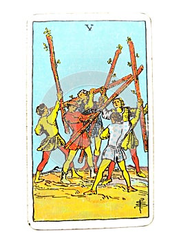 5 Five of Wands Tarot Card Conflict Chaos Commotion Unruly Boisterous Struggle Inner Struggle photo