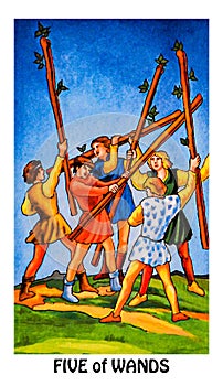 Five 5 of Wands Tarot Card Conflict Chaos Commotion Unruly Boisterous Struggle Inner Struggle photo