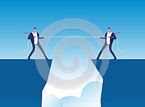 Conflict concept. Businessmen pulling rope over precipice. Business rivalry and competition vector background photo