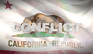 Conflict concept. State of California flag. Flags of the states of USA. 3D illustration.