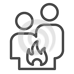 Conflict couple line icon. Quarrel, man and woman conflict and fire symbol, outline style pictogram on white background