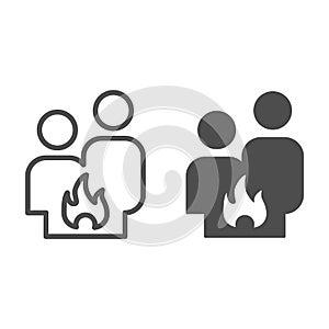 Conflict couple line and solid icon. Quarrel, man and woman conflict and fire symbol, outline style pictogram on white