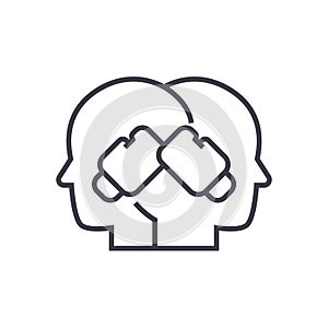 Conflict illustration, boxing in heads vector line icon, sign, illustration on background, editable strokes