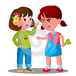 Conflict Between Kids, Girls Children Are Fighting Vector. Isolated Illustration