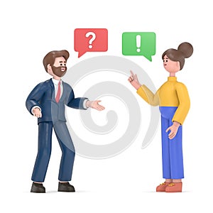 Conflict. A man and a woman quarrel. 3D illustration in a flat style.3D rendering on white background.