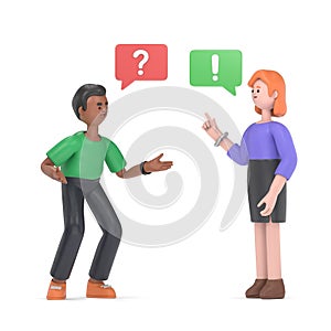 Conflict. A man and a woman quarrel. 3D illustration in a flat style.3D rendering on white background.