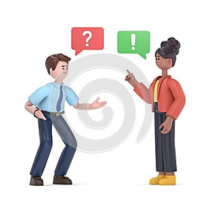 Conflict. A man and a woman quarrel. 3D illustration in a flat style.3D rendering on white background.