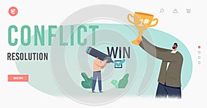 Conflict Resolution Landing Page Template. Business Win Win Benefit. Happy Businessman Characters Rejoice with Cup