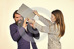 Conflict and rivalry. Risky contract. Man and woman with office document. Business concept. Successful partnership