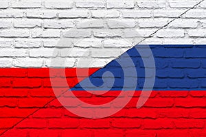 Conflict between Russia and Poland war concept. Russian flag and Poland flag background. Flag with brick wall texture.