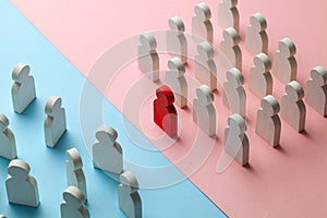 The conflict between the two business teams. One group of people with a leader stands as a unit, and the other group of people