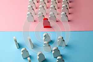 The conflict between the two business teams. One group of people with a leader stands as a unit, and the other group of people