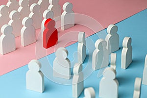 The conflict between the two business teams. One group of people with a leader stands as a unit, and the other group of people