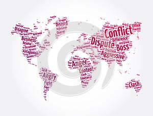 Conflict word cloud in shape of world map, concept background