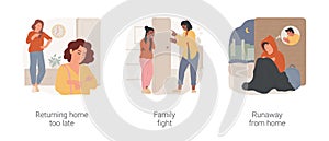 Conflicts with parents isolated cartoon vector illustration set.