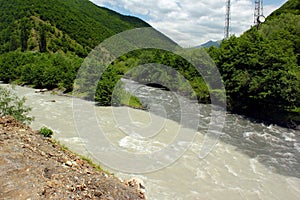 Confluence of Black and White Aragvi rivers, Caucasus Mountains, Georgia