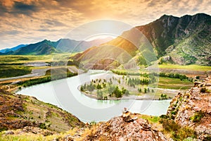 Confluence of Chuya and Katun rivers in Altai, Siberia, Russia